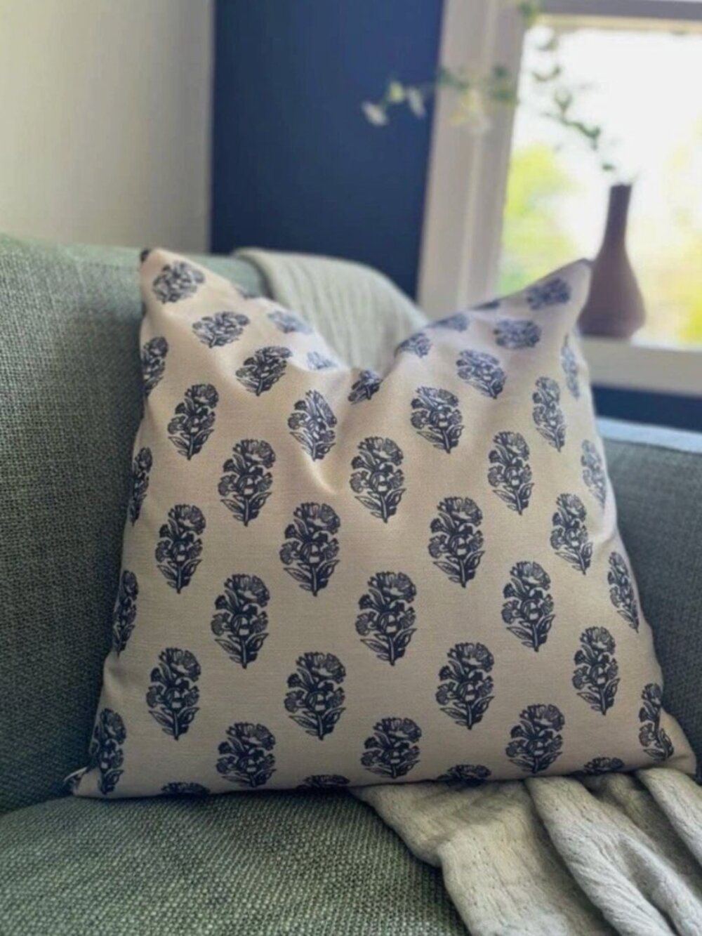Floral Block Print Pillow Cover in Tan and Navy Blue, 20”x20”